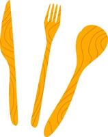 Wooden spoon, fork and knife are composing a cutlery set isolated on a white background, ideal for representing sustainable tableware and eco friendly dining practices vector