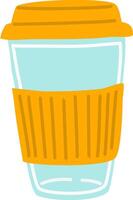Reusable coffee cup with orange lid and protective sleeve protecting hands from heat, promoting sustainability and eco friendly practices for enjoying coffee on the go vector