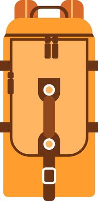 Orange backpack featuring a front view with brown straps, buckles, and zippers, isolated against a white background, perfect for travel and adventure themes
