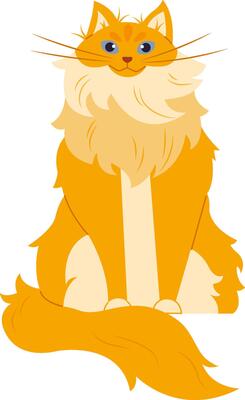 Cartoon illustration of a fluffy ginger cat sitting majestically with captivating blue eyes, long fur, and a bushy tail, exuding charm and elegance