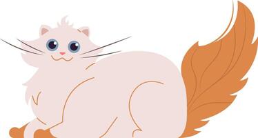 Cute white cat lying down with a big, fluffy orange tail, smiling and showcasing bright blue eyes and delicate whiskers against a clean white background, radiating joy and charm vector