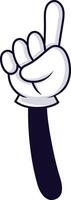 Cartoon hand wearing a white glove, pointing upward with the index finger, perfect for educational materials and children's projects, conveying direction and playful communication vector
