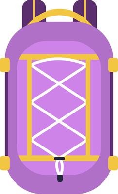 Purple backpack showcasing vibrant yellow straps and crisscross strings across its surface, designed for securely carrying items during adventures, travel, and outdoor activities