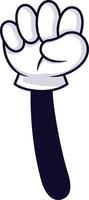 Cartoon hand wearing white gloves, displaying four fingers upwards with a dark sleeve, signaling, counting, or greeting in a cheerful and friendly manner vector