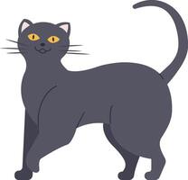 Cartoon illustration featuring a gray cat walking with its tail held high, gazing curiously upwards. Set against a clean white background, the image radiates playfulness and charm vector
