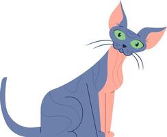 Cartoon illustration featuring a curious sphynx cat sitting and gazing with large green eyes, set against a clean white background, highlighting its playful and adorable nature vector