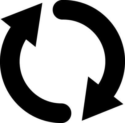 Two black arrows forming a circular shape, pointing toward each other, representing a continuous loop, cycle, or iterative process in motion and flow