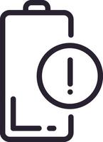 Simple black and white icon of a battery with an exclamation mark, indicating a low power warning, useful for user interfaces and mobile apps vector