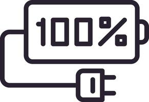 Simple line drawing of a battery icon displaying a full one hundred percent charge, with a plug attached, representing a fully charged electronic device vector