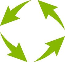 Four green arrows rotating clockwise forming a circle on a white background represent a continuous process, a circular economy, or a recycling concept vector