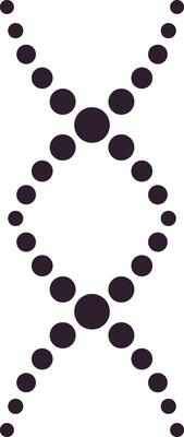 Vertical illustration of a dna double helix forming a circle with dots converging in the center, representing genetic code, genome, chromosome, and biological research