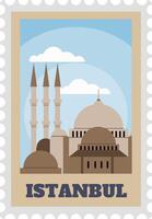 Postage stamp design showcasing Istanbul's skyline with Suleymaniye Mosque, featuring its iconic minarets and dome, capturing the essence of Turkish architecture and travel vector