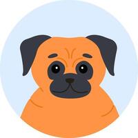 Orange pug dog with black ears and face, sitting inside a light blue circle and looking forward with a friendly expression, radiating cuteness and charm vector