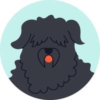 Minimalist illustration of a Black Russian Terrier panting with its tongue out, set against a light blue circular background, capturing the essence of this powerful breed vector