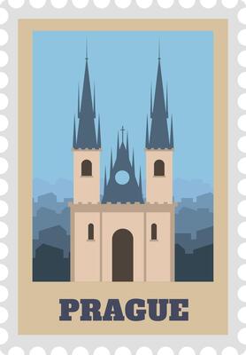 Vintage postage stamp featuring Church of Our Lady before Tyn and cityscape silhouette merging with blue sky, forming evocative Prague souvenir