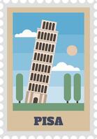 Minimalist illustration of the Leaning Tower of Pisa on a vintage postcard with trees, clouds and sun, perfect for travel and tourism projects related to Italy vector
