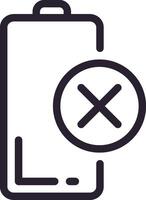Minimalist illustration depicting a battery icon with a cross symbol, representing a state of low or no power, emphasizing the concept of energy depletion in electronic devices vector