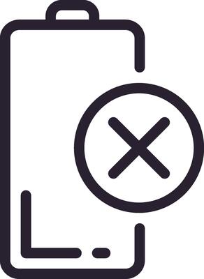Minimalist illustration depicting a battery icon with a cross symbol, representing a state of low or no power, emphasizing the concept of energy depletion in electronic devices