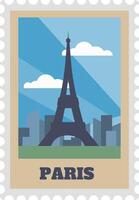 Postage stamp featuring the iconic Eiffel Tower alongside a beautiful Paris skyline, adorned with stylized clouds and a vibrant blue sky, capturing the essence of travel and tourism vector