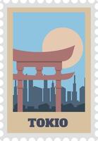 Vintage textured postcard stamp featuring a torii gate overlooking the Tokio skyline, with a stylized sun in the background, evoking a sense of travel and cultural exploration vector