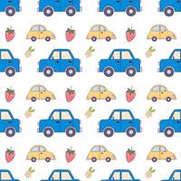 a pattern with cars and strawberries vector