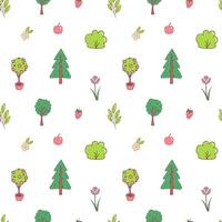 a seamless pattern with trees, apples and other objects vector