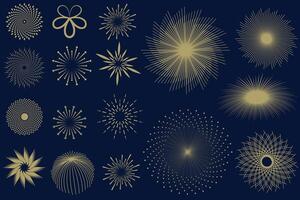 Fireworks set, gold fireworks with lines and sparkles, firework collection vector