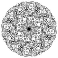 Outline Halloween Mandala, coloring page with broom, witch hat and potions for activity and design vector