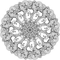 Outline mandala for Halloween, coloring page with ghosts, zombie hands and a potion pot for activity and design vector