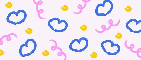 Colorful horizontal background with hearts and swirls. Hand drawn trendy abstract layout. Happy Valentine's Day banner template. vector