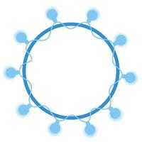 Circle frame decorated with shining garland lights. Wavy string with blue light bulbs. Decorative template with empty space inside. vector