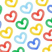 Hand-drawn colorful hearts on white background. Patterned background for card, poster, banner, fabric, print, wrapping paper. vector