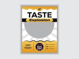 Retro food poster design, taste explosion typography, yellow and black color scheme vector