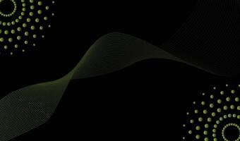 Dark abstract black background, digital artwork, flowing green waves, neon yellow dots, geometric patterns, minimalist design vector