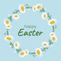 Chamomile Wreath. Greeting Card with text Happy Easter. Round Frame of white wildflower buds with Spring holiday greetings. Isolated Daisy bouquet on blue background. Color image. illustration vector