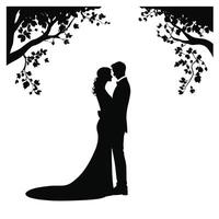 Silhouette of a bride and groom kissing under a tree vector