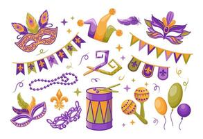 Great set for Mardi Gras celebration. Carnival masks. Garlands of flags. Musical instruments, balloons, beads. illustration in flat style for sticker, postcard, design element vector