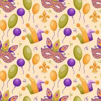 A seamless pattern featuring balloons, jester hats, fleur-de-lis motifs, and carnival masks. This vibrant illustration is ideal for festive designs and adds a joyful touch to any celebration. vector
