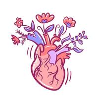 A realistic anatomical heart encircled by vibrant blossoms creates a striking visual. This illustration symbolizes the intertwining of life and love, perfect for artistic projects and romantic themes. vector