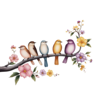 five colorful birds sitting on a branch with flowers png