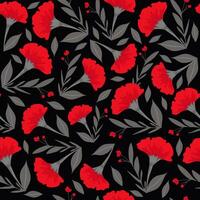 Seamless pattern of carnation flowers on a black background. Red flowers on black. vector