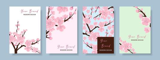 Set of backgrounds with sakura in watercolor style. vector
