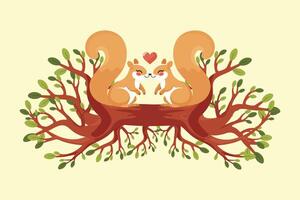 two cute squirrels in love on a tree branch flat illustration vector