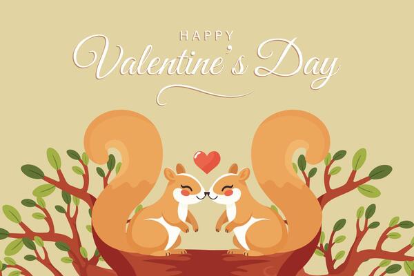 Happy Valentines day postcard with cute squirrels in love on tree branch flat illustration