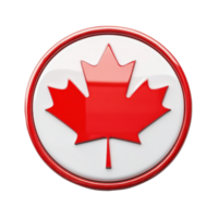 3d Glossy round icon featuring vibrant red maple leaf symbolizing Canada national identity, floating isolated on a transparent background png
