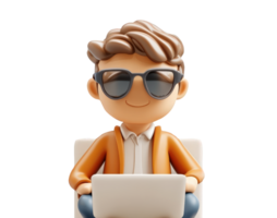 3d icon of a happy boy in winter attire and backpack, holding a laptop, on a transparent background png