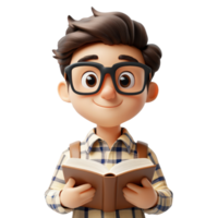 3D icon avatar student man is reading a book, student school, concept of education learning on isolated transparent background png