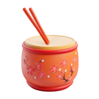 3d icon Chinese New Year of a traditional asian drum decorated with cherry blossoms, complete with drumsticks, set against a transparent background png