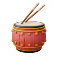 3d icon Chinese New Year of a traditional asian red drum decorated with cherry blossoms, complete with drumsticks, set against a transparent background png