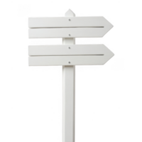 Empty weathered white wooden signpost mockup with three arrows pointing in different directions, isolated on transparent background png